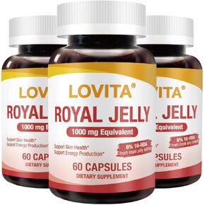 Lovita Royal Jelly 333 mg, 3:1 Concentrate, with 20mg 10-HDA, Natural Source Super Food, Supports Skin Health & Energy Production, 60 Capsules