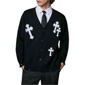 Floerns Men's Cross Print Button Down Cardigan Sweater Long Sleeve V Neck Halloween Sweater