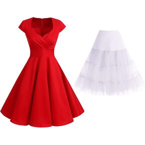 Bbonlinedress Women 1950s Retro Vintage Cocktail Dress Red S + Vintage Petticoat Underskirt 25 "White S
