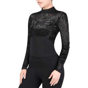 Harrison Howard Ladies Long Sleeve Equestrian Rider Top with Elegant Patterned Velvet Spliced Design Slim Fit Show Shirt