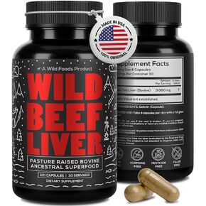 Wild Foods Grass fed Beef Liver Capsules - Pasture Raised Bovine Liver Supplement - 120 Softgels - 3000mg per Serving - Beef Organ Supplement for Natural Energy & Immune Support