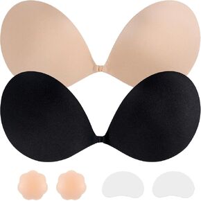 Yodoolly Adhesive Push Up Sticky Bra 2 Pairs Strapless, Backless Silicone Bra with Nipple Covers for Women - Black Nude