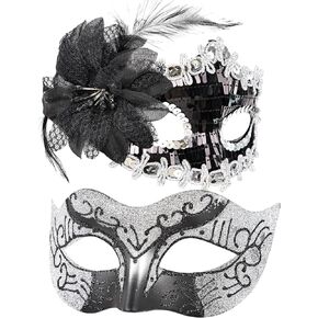 2Pack Couple Masquerade Mask for Women Men Shiny Venetian Mask Halloween Mask for Party Prom Ball Costume Mask