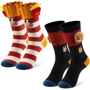 2 Pairs Silly Socks, Food Themes 3D Hamburger Socks, Novelty Silly French Fries Stockings Gag Crew 3D Print Crazy Novelty Mothers Day Birthday Gifts for Men Women