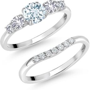 10K White Gold Sky Blue Aquamarine White Created Sapphire and White Lab Grown Diamond 5 Stone Bridal Engagement Wedding Ring Set For Women (0.87 Cttw, Round: 5MM and 3MM, Available in Size 5,6,7,8,9)