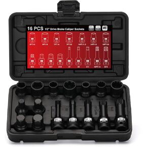 AIRTOON 16-Piece Impact Brake Caliper Socket Set, 1/2" Square Drive Brake Caliper Tool Compatible with Audi Porsche VW BMW Ford, With Storage Case