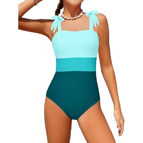 Girls Swimsuit One Piece Casual Color-Block Adjustable Straps Girls Bathing Suit Swimwear 9-16T