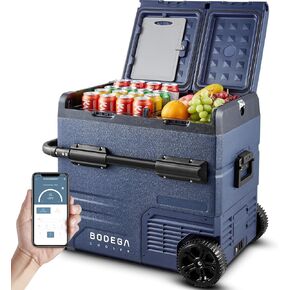 Bodegacooler 12 فولت ثلاجة سيارة ، 59 كوارت (55 لتر) 12V ثلاجة محمولة ، فريزر ثلاجة السيارات ، -4 ℉ -68 Car Carner 12/24V DC و 100-240V AC للترويس ، التخييم ، والسفر ، والمنطقة المزدوجة مع التحكم في التطبيق (أبواب)