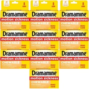Dramamine Chewable Formula Motion Sickness Relief, 8 Orange Flavored Tablets each (Value Pack of 10)