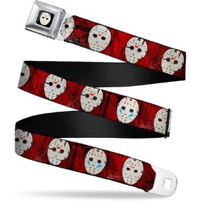 Warner Bros. Horror Movies Belt, Seatbelt Buckle Belt, Friday the 13th Hockey Mask Icons Reds, Adjustable