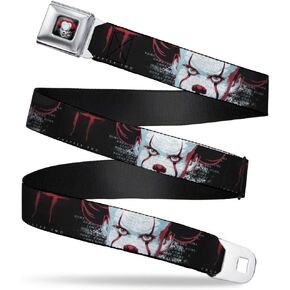 Warner Bros. Horror Movies Belt, Seatbelt Buckle Belt, It Chapter Two Pennywise Face Close Up Black Red Blues, Adjustable