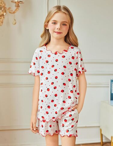 Arshiner Girls Pajama Set Short Sleeve Lounge Set Soft Shirring Summer Sleepwear Pj Sets in Kuwait