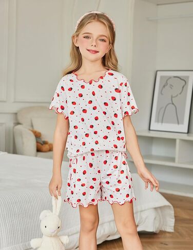 Arshiner Girls Pajama Set Short Sleeve Lounge Set Soft Shirring Summer Sleepwear Pj Sets in Kuwait