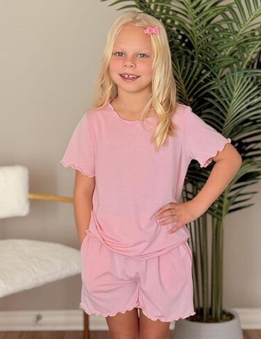 Arshiner Girls Pajama Set Short Sleeve Lounge Set Soft Shirring Summer Sleepwear Pj Sets in Kuwait