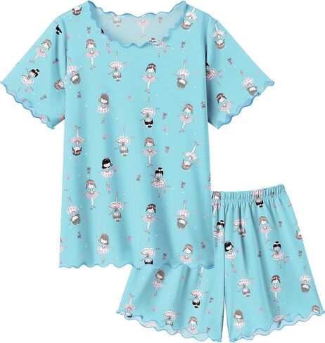 Arshiner Girls Pajama Set Short Sleeve Lounge Set Soft Shirring Summer Sleepwear Pj Sets in Kuwait