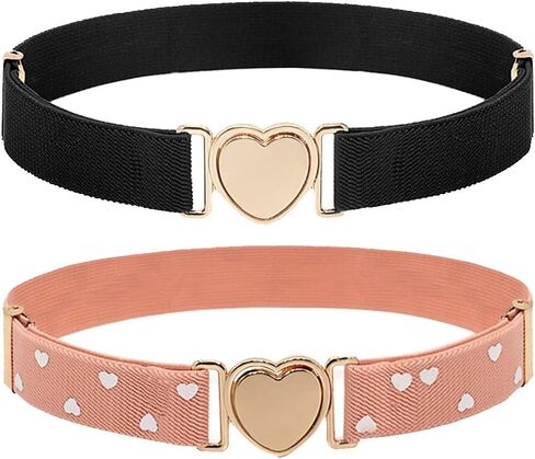2 Pcs Girls Stretch Belts Kids Wide Fashion Belts Skinny Dress Belts Stretch Waist Belts with Heart Buckles for Girls Boys Black and Pink in Saudi Arabia