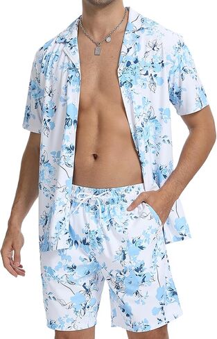 CRYSULLY Men's 2 Piece Outfits Summer Beach Short Sleeve Shirts and Shorts Button Down Hawaiian Printed Sets with Pockets in Kuwait