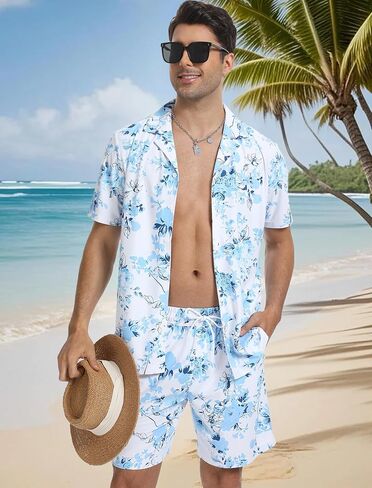 CRYSULLY Men's 2 Piece Outfits Summer Beach Short Sleeve Shirts and Shorts Button Down Hawaiian Printed Sets with Pockets in Kuwait