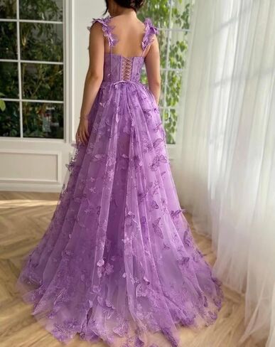 3D Butterfly Tulle Prom Dresses for Women 2025 Long Lace Applique Ball Gown Formal Evening Party Gown with Slit in Saudi Arabia