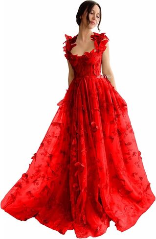 3D Butterfly Tulle Prom Dresses for Women 2025 Long Lace Applique Ball Gown Formal Evening Party Gown with Slit in Saudi Arabia