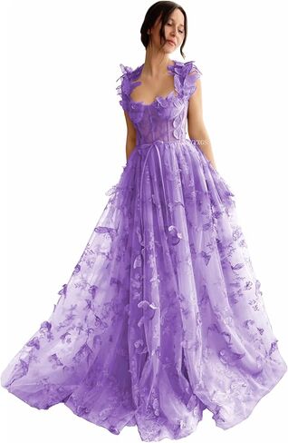 3D Butterfly Tulle Prom Dresses for Women 2025 Long Lace Applique Ball Gown Formal Evening Party Gown with Slit in Saudi Arabia