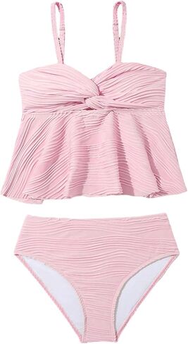 Oyoangle Girl's 2 قطعة Tankini Swimsuit Twist Twist Front Ruched Ruched Bikini Set Suits Bashing Suits in Kuwait