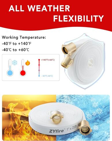 ZYfire Fire Hose - 1-1/2" ID x 100 FT Single Jacket Fire Hose Industrial Hose Firefighter Hose with M × F NST/NH Brass Couplings Lightweight Lay Flat Water Hose for Use in Firefighting, Agriculture in Saudi Arabia