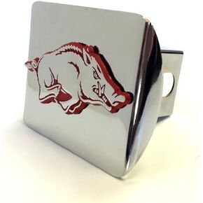 University of Arkansas Razorbacks"Bright Polished Chrome with"Red Running Hog" Emblem" Metal Trailer Hitch Cover Fits 2 Inch Auto Car Truck Receiver with NCAA College Sports Logo