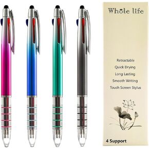 Stylus Pens 3 In One Pens Touch Screen Tip Multi Colored Pen Ballpoint Pens Writing Pens Red Blue Black Ink Pens With Stylus Retractable Pens Fine Point 0.7mm Gradient Barrels 4 Count