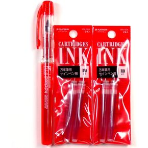 Platinum Fountain Pen, New Preppy, Fine Nib, Red(PSQ-300#11) + Ink Cartridges SPN-100A#11 (Red) Set (Japan Import) [Komainu-Dou Original Package]