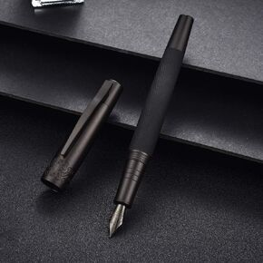 Hongdian 6013 Pure Black General Fountain Pen, PVD Coated Black Medium Nib Solid Metal Pen with Metal Box