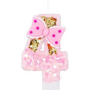 Girls Pink 1 Number Birthday Candles, Gold Glitter Pink Number Candles with Bow, Cake Number 1 Birthday Candles for Cake, Candles for Cake, Happy 1st Birthday Party Decoration Celebration for Girls