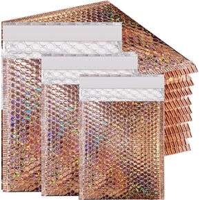 50 Pcs Metallic Bubble Mailers,Holographic Bubble Mailers,Poly Padded Envelopes,Waterproof Self Seal Adhesive Shipping Bags,Holographic Envelopes for Mailing,Packing,Small Business,Thicken (Rose Gold)