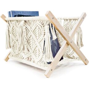 Macrame Magazine Rack - Boho Home Decor Storage Holder - Standing Basket, Standard Large Size, 14.17"×10.2"×10.2 (Ivory Flowers)