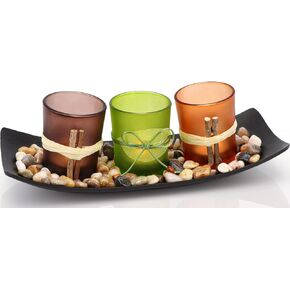 Votive Candle Holders with Rocks and Tray, Vintage Candlescape Set of 3, Natural Tea Lights Candle Holders for Home Table Decor, Housewarming