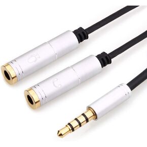3.5mm 4 Pin Male to 2x3.5mm 3 Pin Female Headphone Converter Head Audio Splitter Adapter Cable, (Black-1Feet)