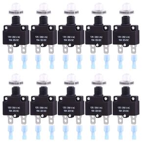 Swpeet 30Pcs 5 Sizes Thermal Circuit Breaker with Quick Connect Terminals and Waterproof Button Caps Assortment Kit, 5Amp 10Amp 15Amp 20Amp 30Amp with Waterproof Push Button for Switch Operation