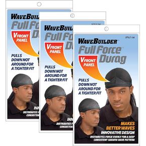 WAVEBUILDER Full Force V-Front Durag, Black, 3-Pack