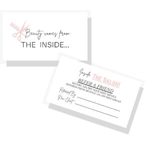 Hairstylist Referral Cards for Salon| 50 pk | for Client Loyalty Discount Business Cards Small Business Spa Scissors and Brush Soft Pink Minimalist