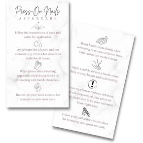 Press-On Nail Aftercare Cards | 50 Pack | 2x3.5" inch Business Card Size | Add to Your DIY Press-On Nail Kit | Marble Design