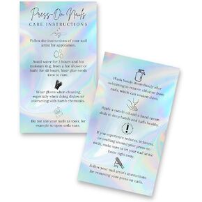 Press-On Nail Aftercare Cards | 50 Pack | 2x3.5" inch Business Card Size | Add to Your DIY Press-On Nail Kit | Rainbow Holo Look Design
