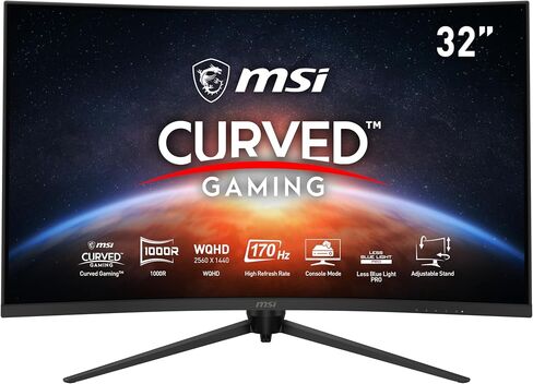 MSI G321CQP E2، شاشة ألعاب 32 بوصة، شاشة ألعاب منحنية 2560 × 1440 (QHD)، 1 مللي ثانية، 170 هرتز، FreeSync Premium، 1000R، HDMI، DisplayPort، إمالة، دوران، محوري وارتفاع قابل للتعديل. in Kuwait