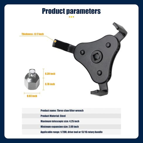 Pack-1 Oil Filter Wrench, Universal 3 Jaw Oil Filter Wrench, Adjustable Oil Filter Removal Tool for 2"-4.2" Diameter Oil Filter (Black) in Saudi Arabia
