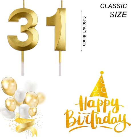 شموع عيد الميلاد الحادي والثلاثين، شموع عيد ميلاد ذهبية بعمر 31 عامًا، هدايا كعكة عيد ميلاد سعيد، زينة الحفلات للرجال والنساء in Kuwait