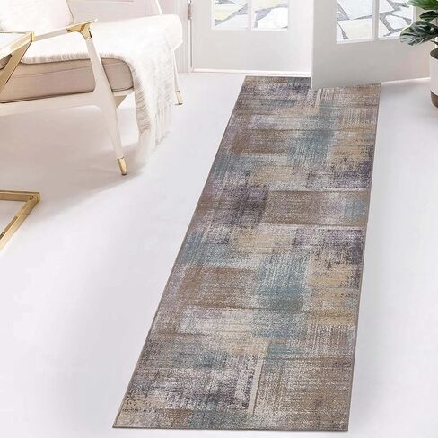 SUPERIOR Indoor Runner Rug, Non-Slip Backing, for Kids or Pets, Entry, Living Room, Kitchen, Dorm, Bedroom, Hallway, Machine Washable Rugs, Floor Cover, Patchwork, Ara Collection, 2' 7" x 12', Taupe in Saudi Arabia