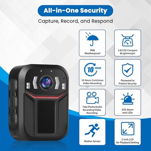 SPIKECAM Super Strong Clip Body Cameras with Audio Video Recording, Night Vision and File Protection, Wearable Body Mounted Video Camera for Security, Law Enforcement,Civilians 64GB in Kuwait