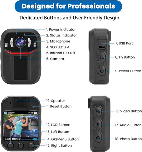 SPIKECAM Super Strong Clip Body Cameras with Audio Video Recording, Night Vision and File Protection, Wearable Body Mounted Video Camera for Security, Law Enforcement,Civilians 64GB in Kuwait