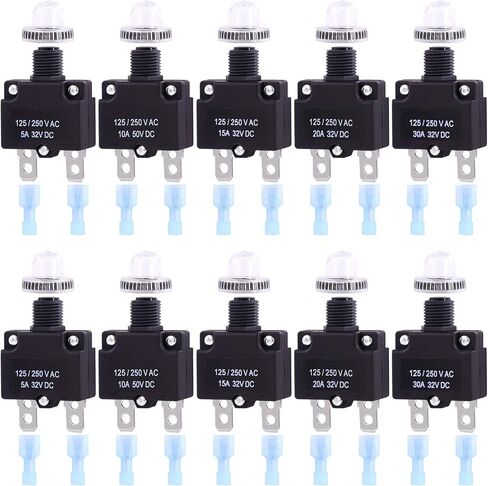 Swpeet 30Pcs 5 Sizes Thermal Circuit Breaker with Quick Connect Terminals and Waterproof Button Caps Assortment Kit, 5Amp 10Amp 15Amp 20Amp 30Amp with Waterproof Push Button for Switch Operation in Saudi Arabia