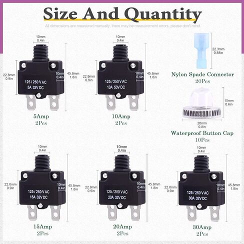 Swpeet 30Pcs 5 Sizes Thermal Circuit Breaker with Quick Connect Terminals and Waterproof Button Caps Assortment Kit, 5Amp 10Amp 15Amp 20Amp 30Amp with Waterproof Push Button for Switch Operation in Saudi Arabia