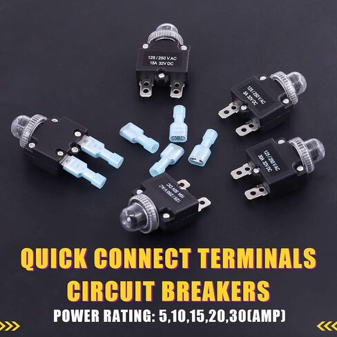 Swpeet 30Pcs 5 Sizes Thermal Circuit Breaker with Quick Connect Terminals and Waterproof Button Caps Assortment Kit, 5Amp 10Amp 15Amp 20Amp 30Amp with Waterproof Push Button for Switch Operation in Saudi Arabia